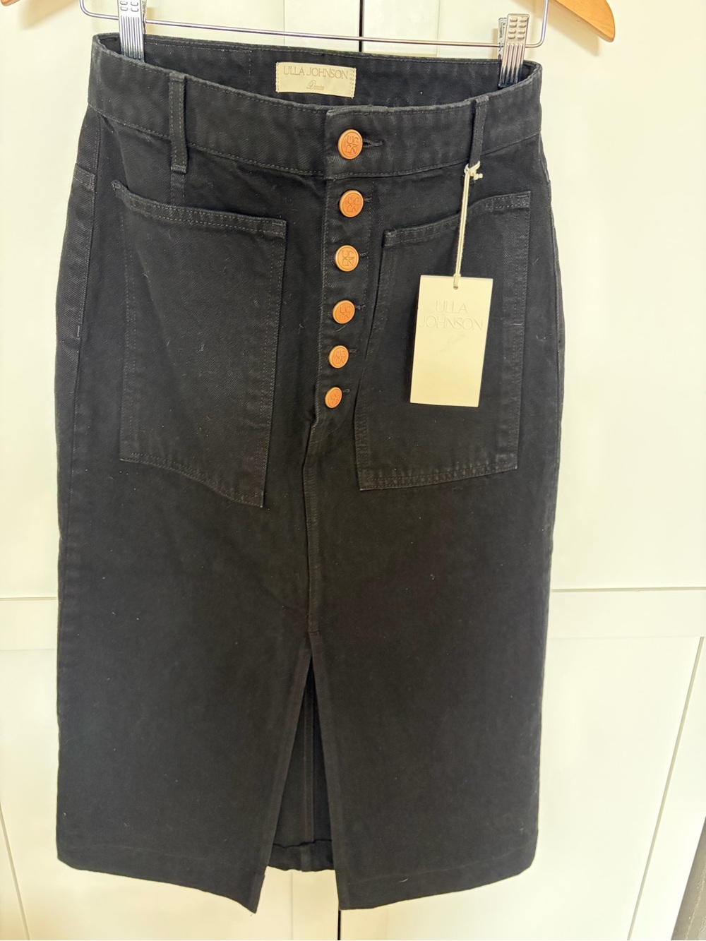 Ulla Johnson Black Denim Midi Skirt with Front Buttons